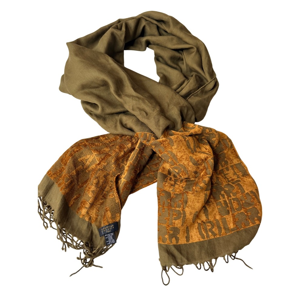 Christian Lacroix Scarf Monogram Wool Silk Velvet Olive Orange OS